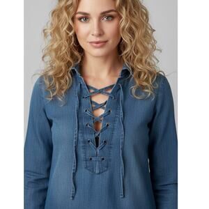 Vintage Y2K Rampage Front Lace Up Denim Chambray Blouse